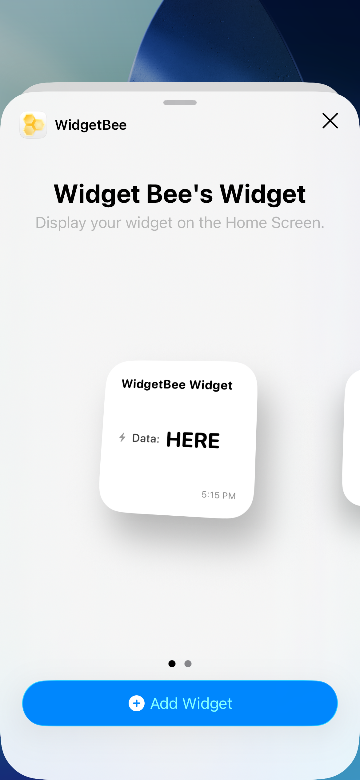 Selecting the widget size and tapping the Add Widget button