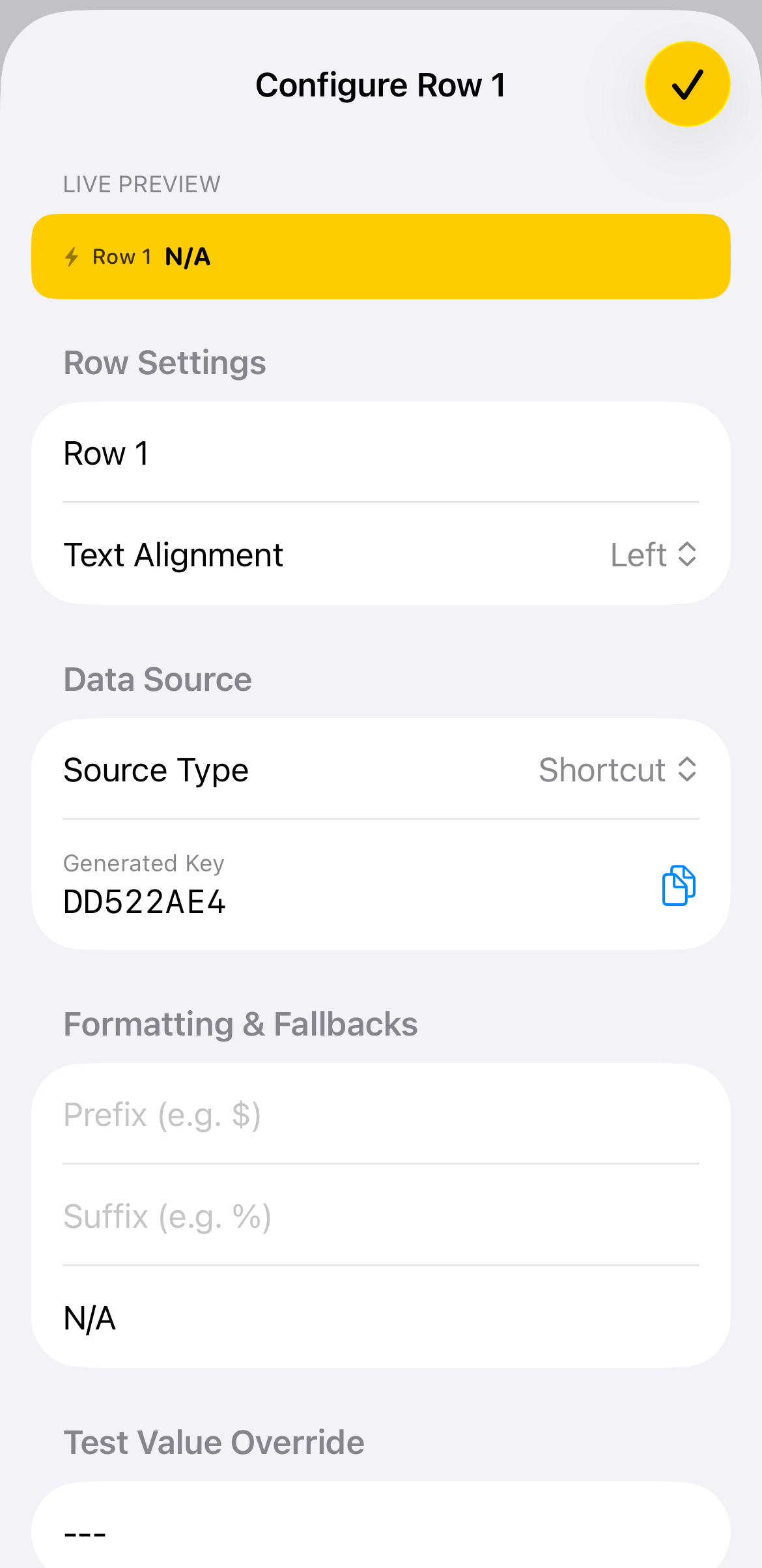 Initial Configure Row screen showing live preview and default settings