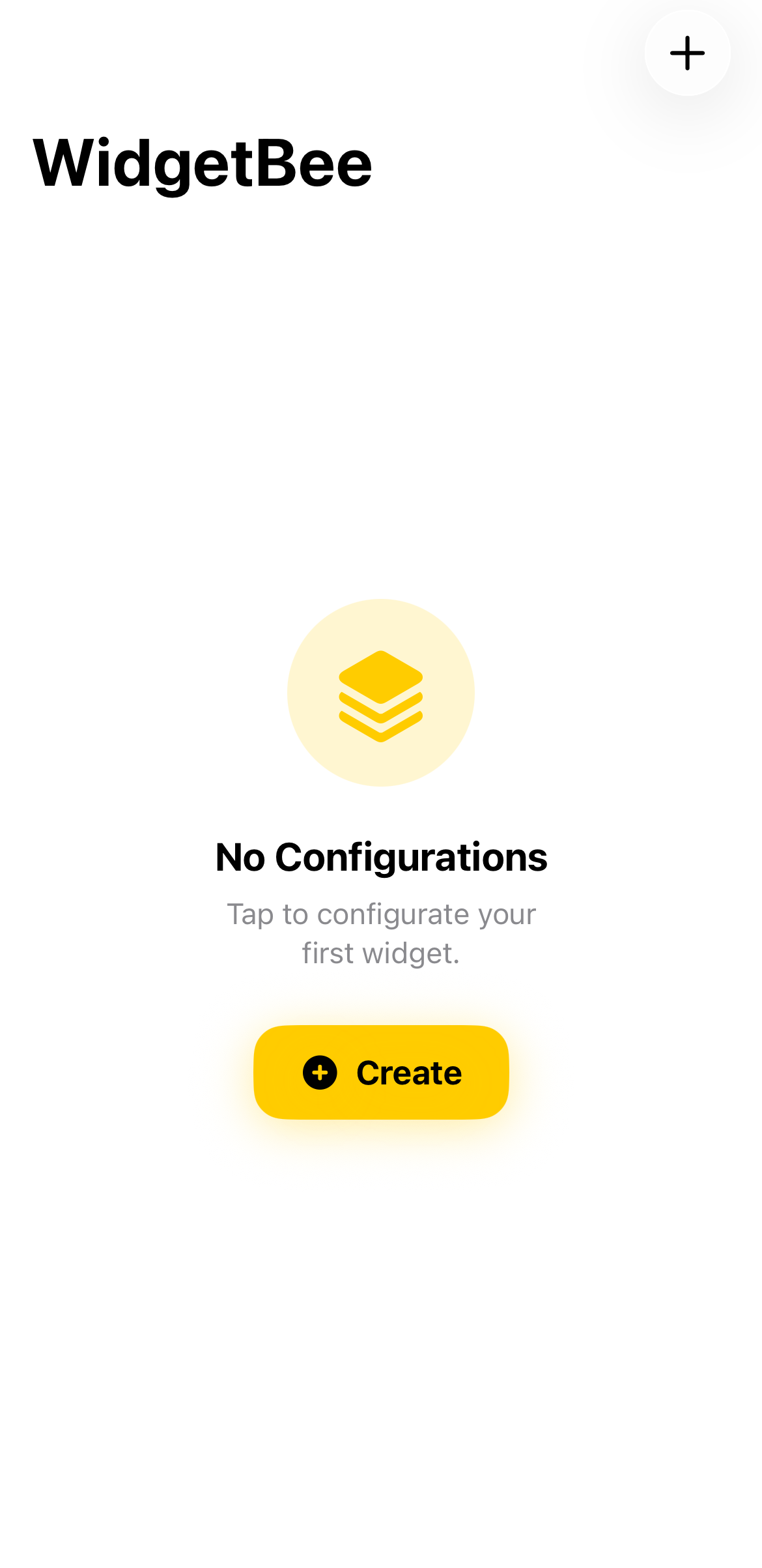 WidgetBee app empty state screen displaying a "No Configurations" message and a yellow "+ Create" button.
