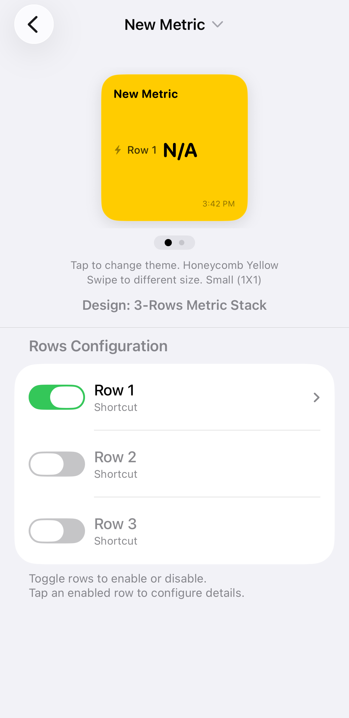 WidgetBee configuration menu displaying toggle switches for Row 1, Row 2, and Row 3 under Rows Configuration.
