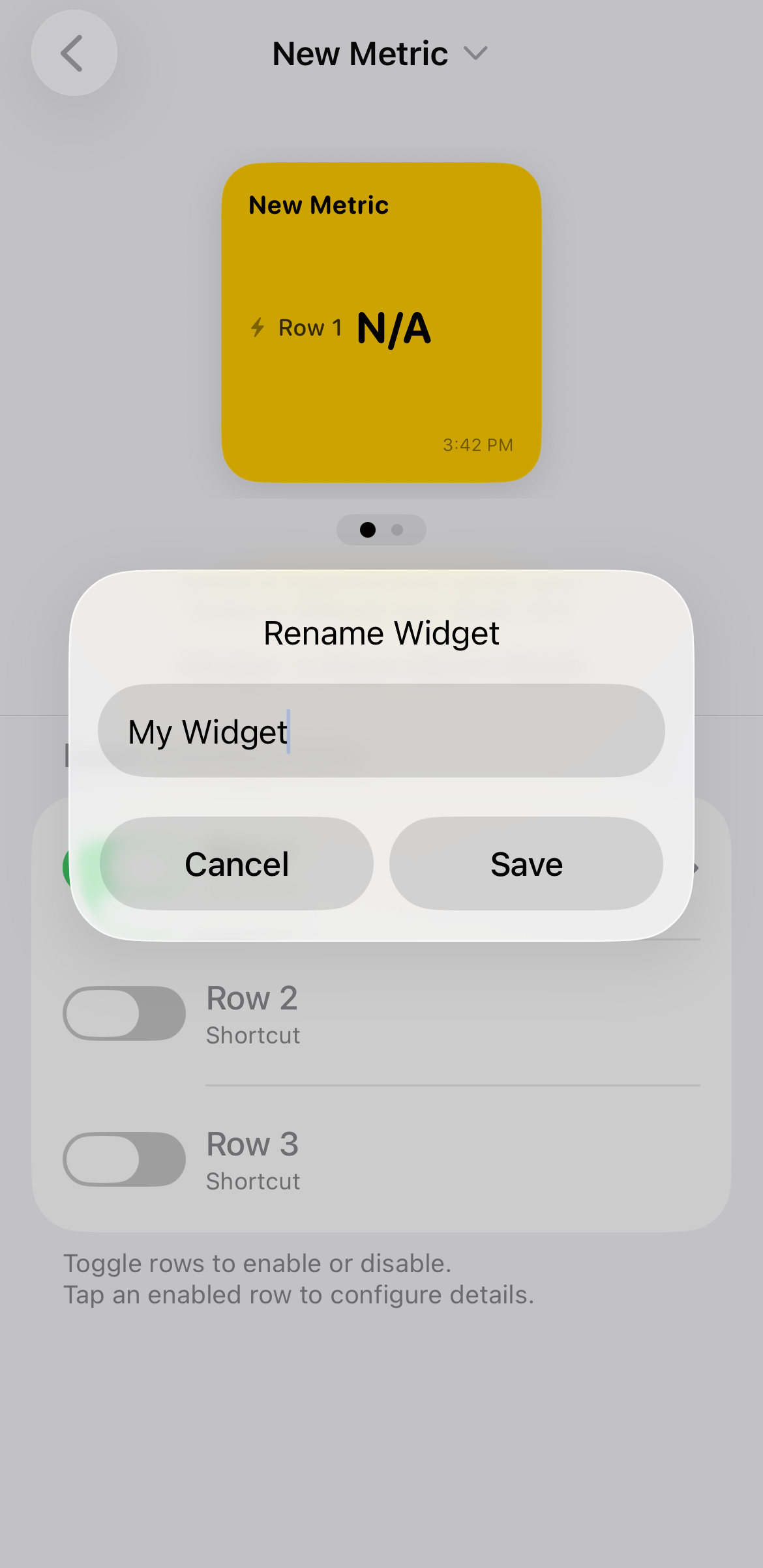 Popup modal inside WidgetBee asking to rename the widget, showing a text box with "My Widget" and "Save" button.
