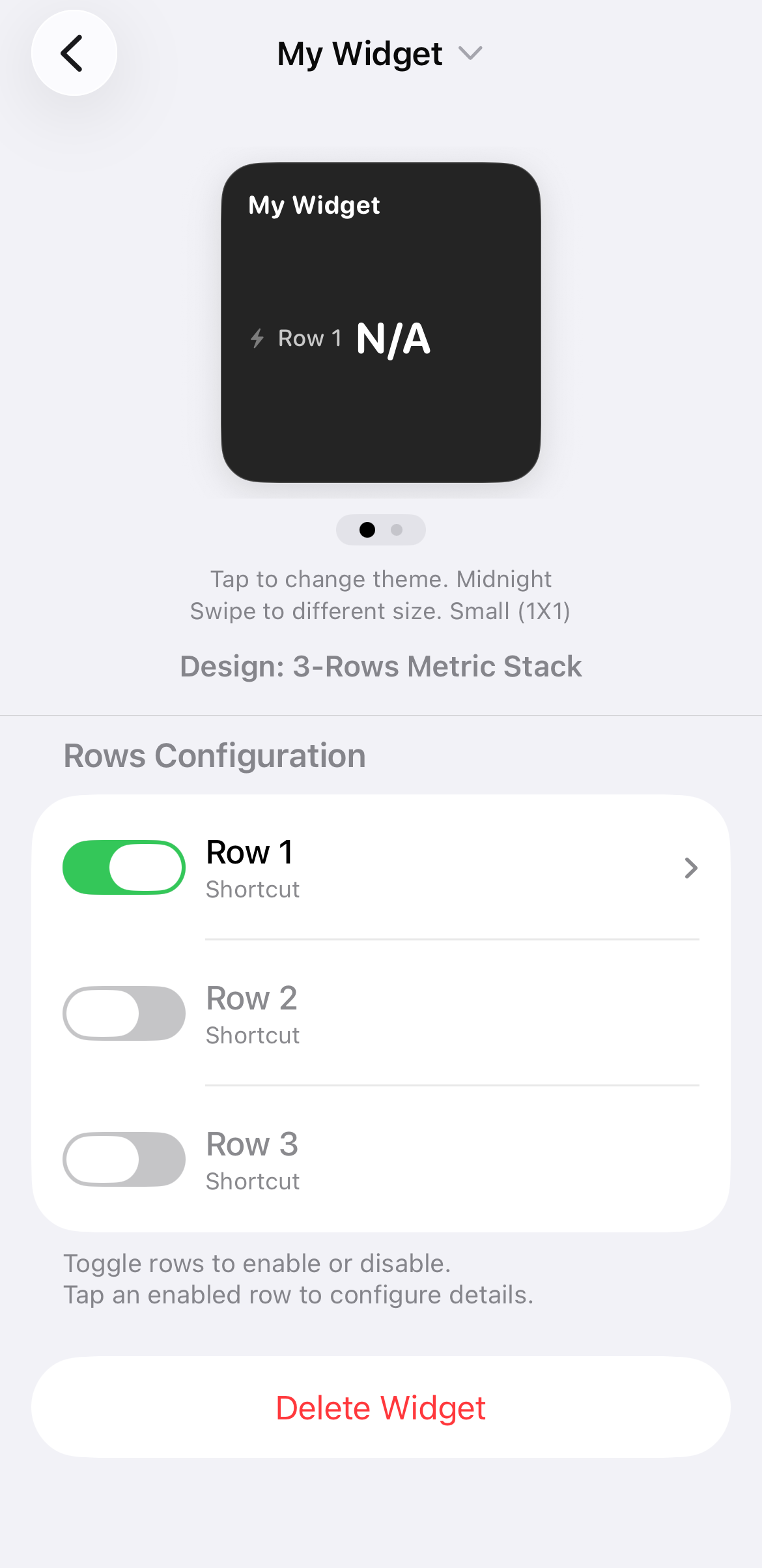 Widget configuration screen showing a preview of a small 1x1 widget in Midnight dark theme with Row 1 configuration below.