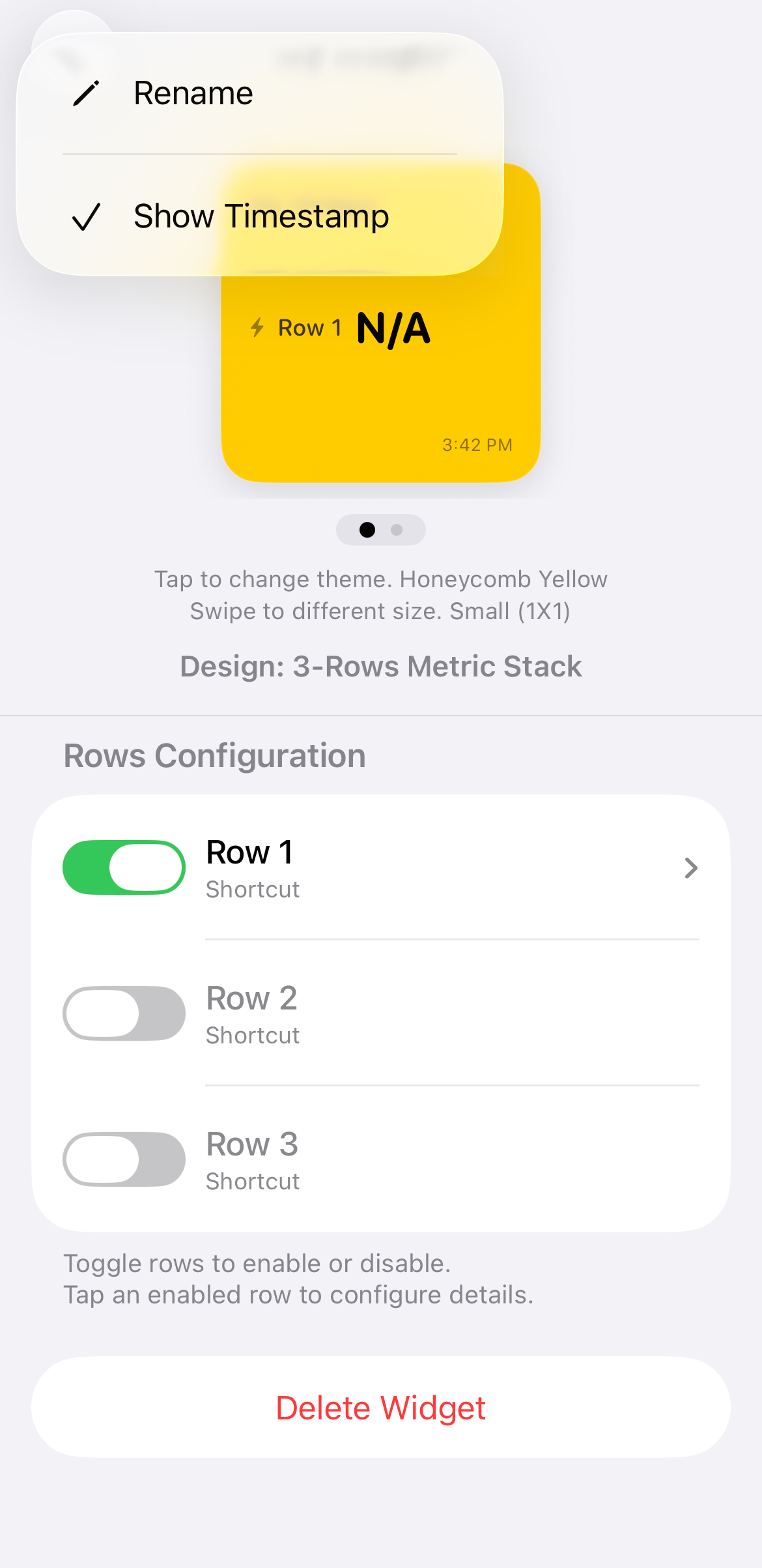 Top menu overlay showing options to Rename and a checked option for "Show Timestamp" over the yellow widget preview.