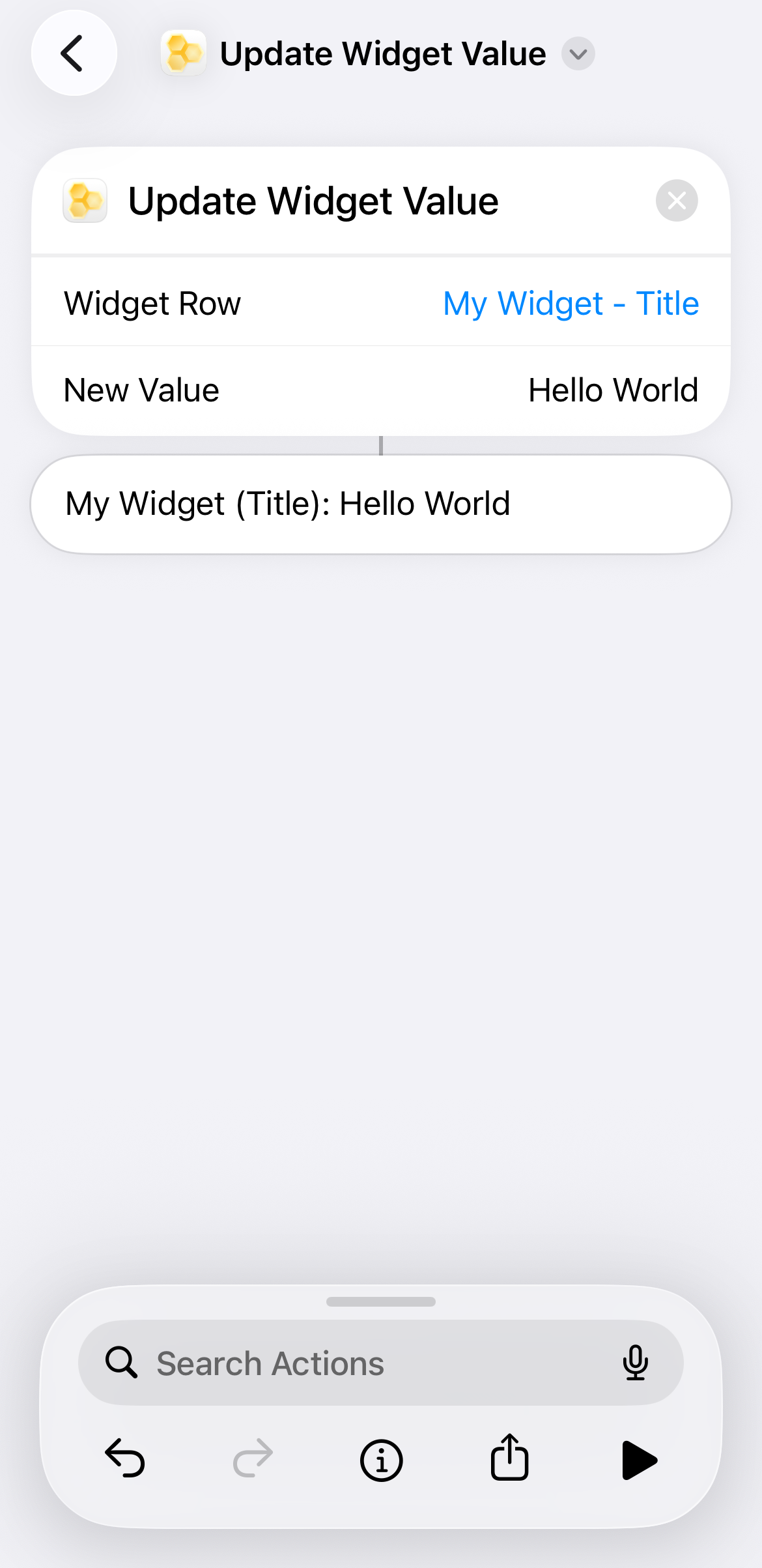 Shortcut execution card confirming successful row value update