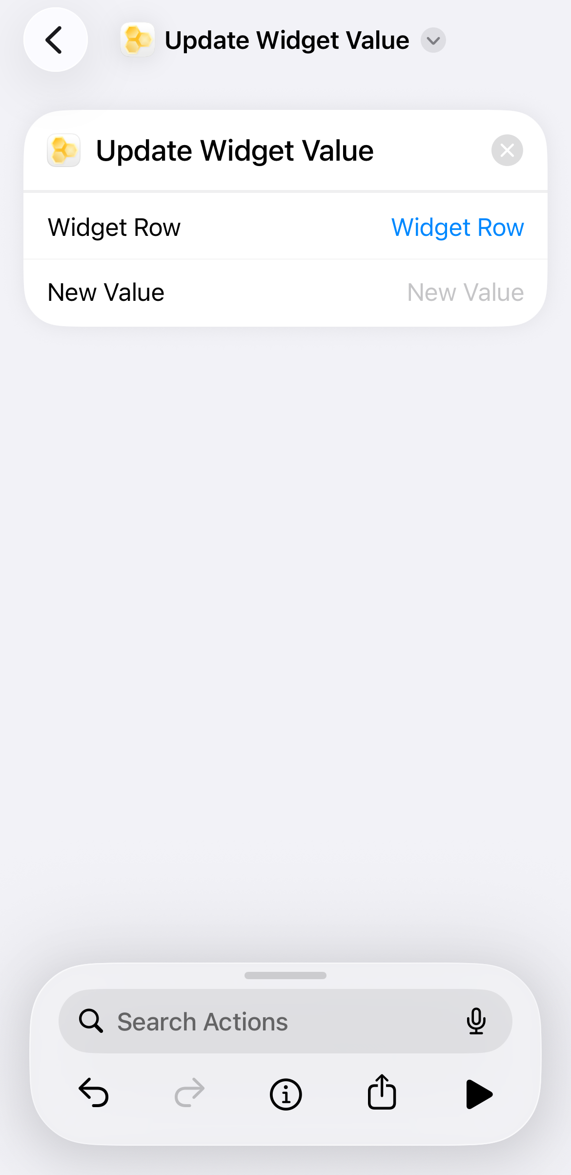 Unconfigured Update Widget Value action block inside the shortcut builder
