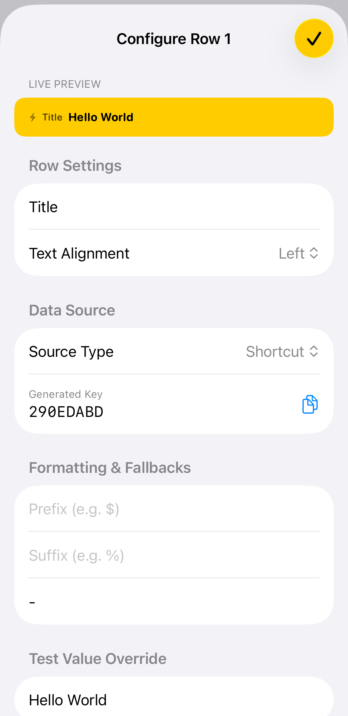 Copying Generated Key from WidgetBee row configuration screen