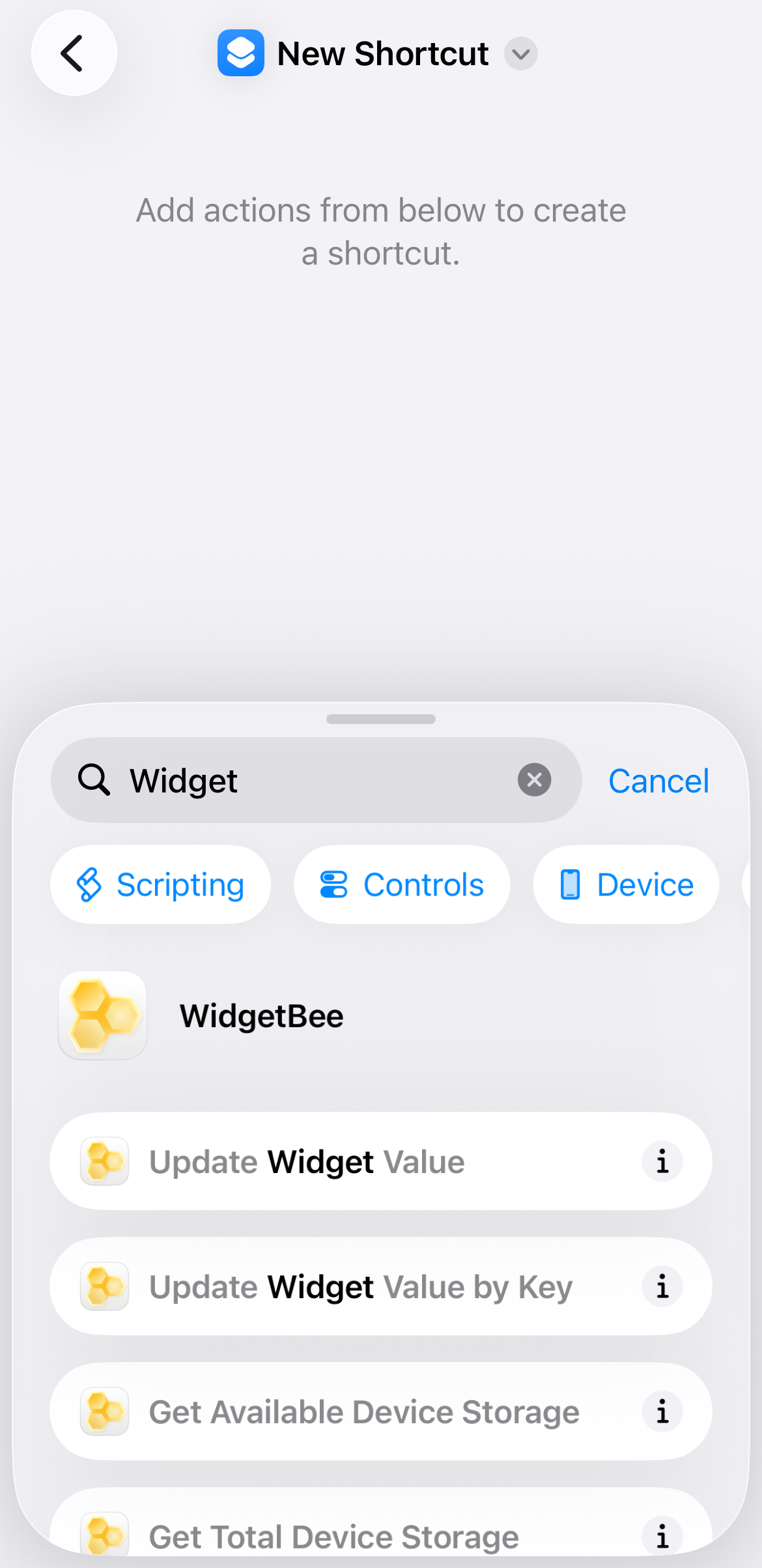 Searching WidgetBee in Shortcut action list